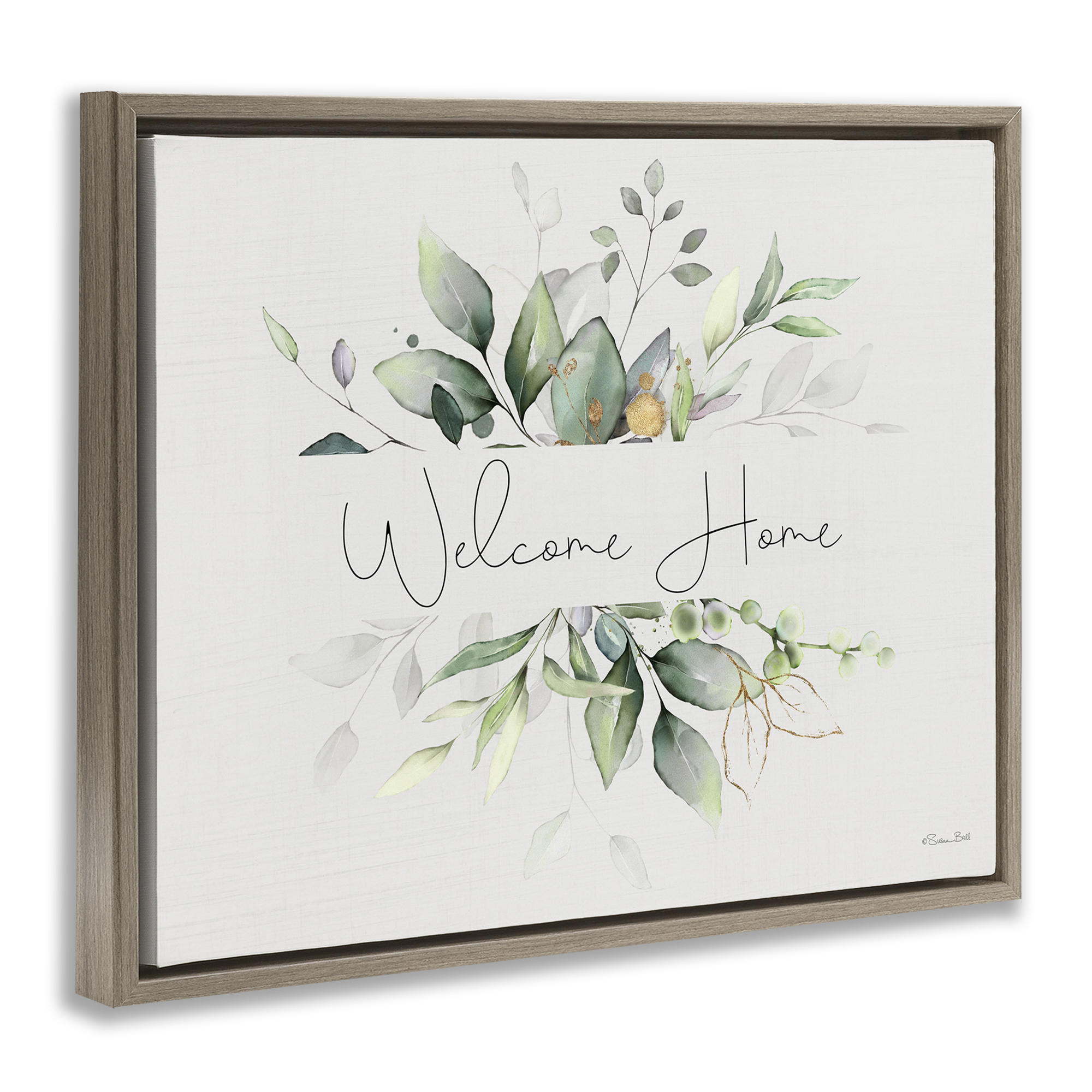 Stupell Industries Soft Leaves Welcome Botanical & Floral Painting Brown Floater Framed Canvas Art Print Wall Art, 21 x 17