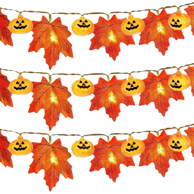 Halloween Garland with Lights Outdoor Fall Decorations Battery Operated LED Pumpkin and Maple Leaf String Light 59 in