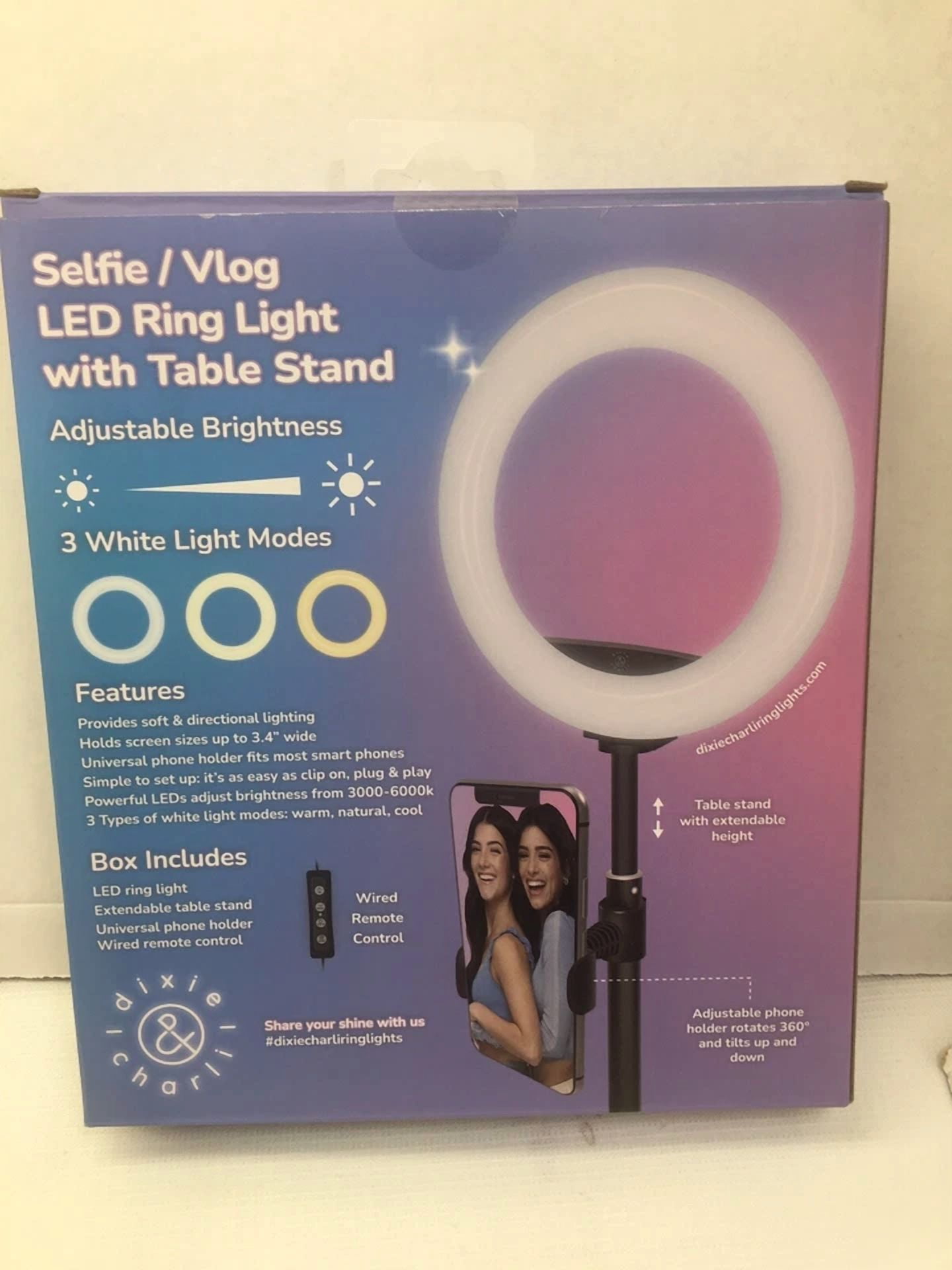 CRESTIN- Dixie & Charli Selfie / Vlog Led Ring Light W Table Stand & Wired Remote Nib