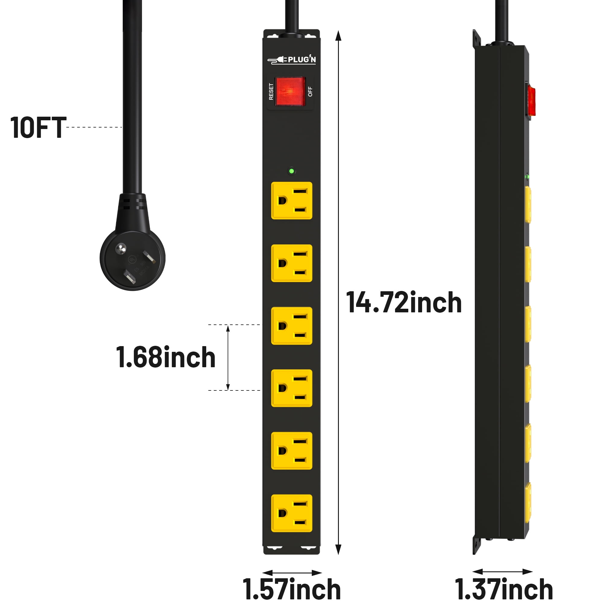 6 Outlet Power Strip 2700J Surge Protector, Heavy Duty Power Strips with Flat Plug and 10FT Long Cord, Wall Mountable Metal Outlet Strip for Desk, Garage, Workbench and Kitchen