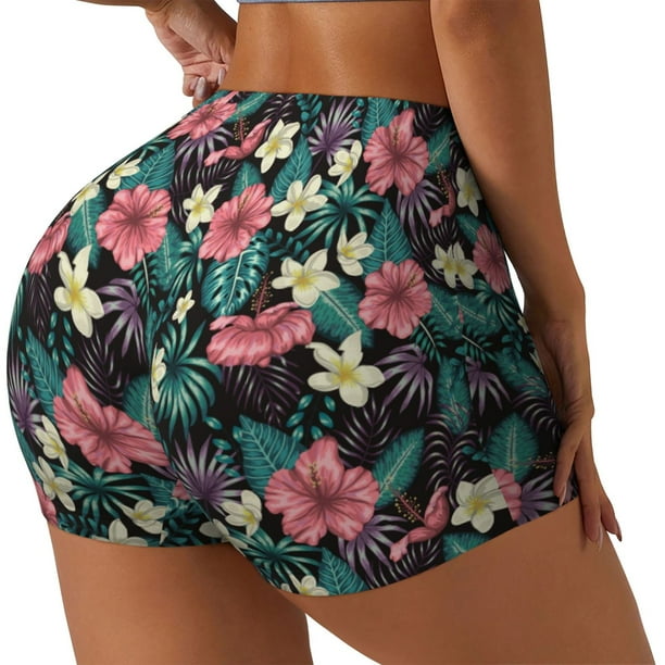 Fotbe Green Tropical Leaves Shorts Sin Costuras – Shorts Deportivos de Cintura Alta para Mujer, Elásticos para Gimnasio, Yoga, Running o Ciclismo-Small