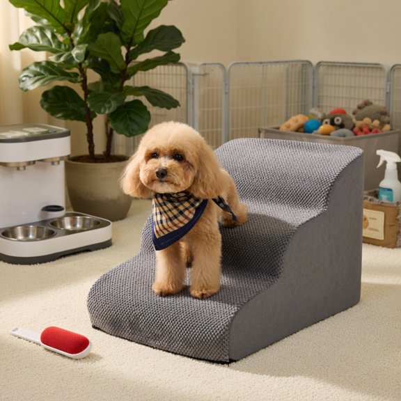 Pefilos 23" Dog Stairs for Small Pets with High-Density Sponge and Silicone Paw Prints, 3-Step Dog Ramp for Beds and Couch, Gray