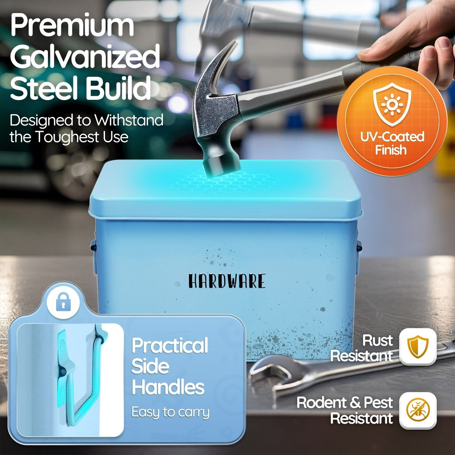 Flexzion Tin Storage Box with Removable Tray, Seed Organizer Box and Metal Seed Holder Organizer with Hinged Lid, Versatile Toolbox Container for Crafts, Hardware, Tools and Essentials, Blue