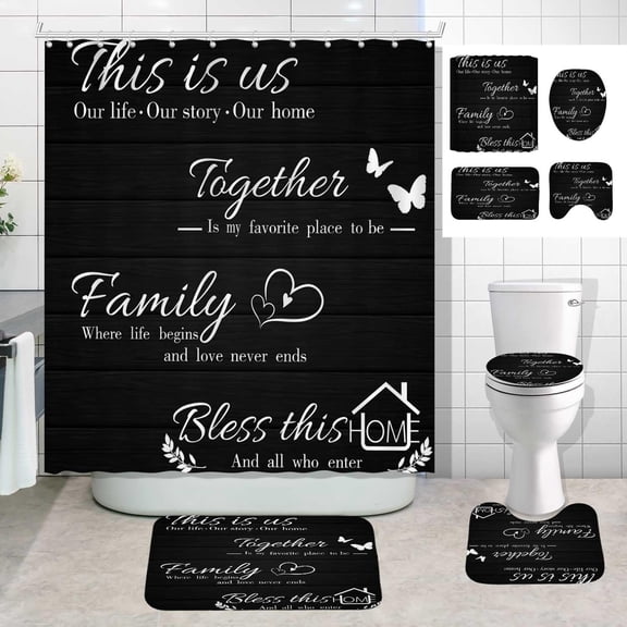 4PCS/Set Inspirational Quotes Shower Curtain Sets, Vintage Blue Rustic Wooden Board Motivational Quotes Bathroom Decor, Waterproof Fabric Bath Curtain, Non-Slip Bath Rugs Mats, Dream Big Work Hard