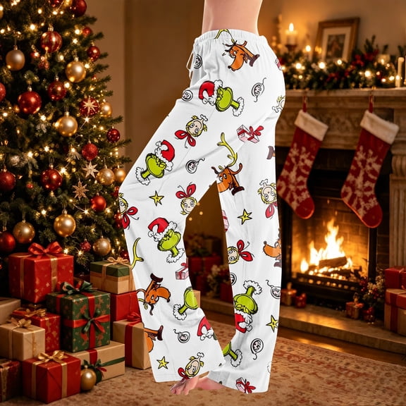 Women Christmas Print Lounge Pants Drawstring Soft Sleepwear Holiday Pajama Bottoms Comfy Homewear Trousers for Holiday Mornings