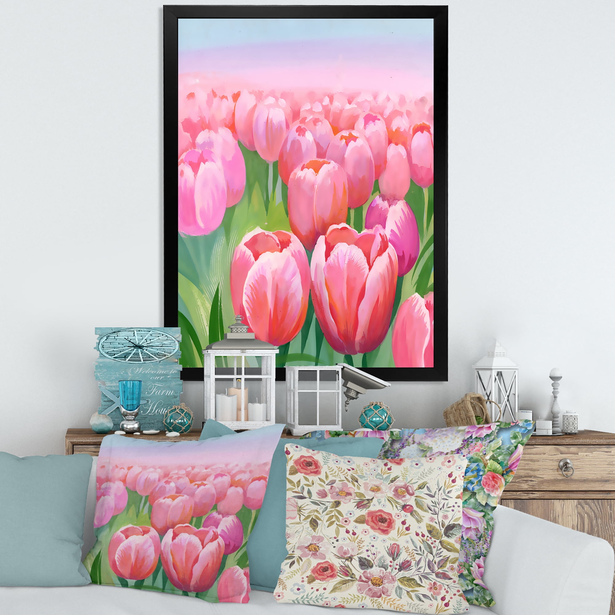 Designart 'Pink Tulips in Field' Traditional Framed Art Print