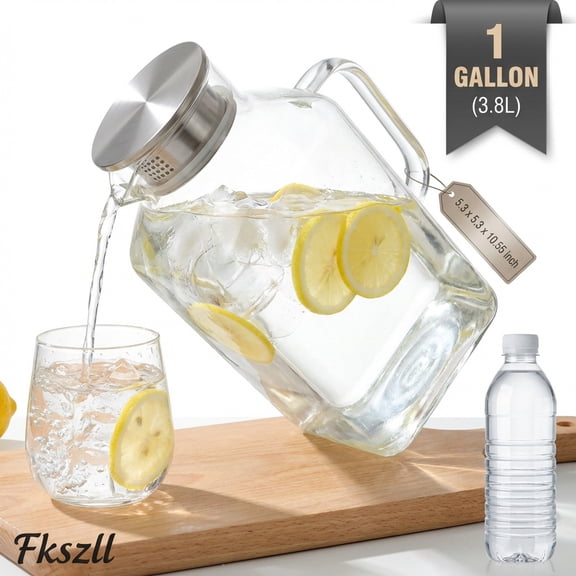 Fkszll 1 Gallon Square Glass Pitcher with Lid and Spout Borosilicate Glass Carafe for Hot/Cold Drink Water Pitcher with Handle for Fridge Large Jug for Iced Tea Coffee Juice Beverage