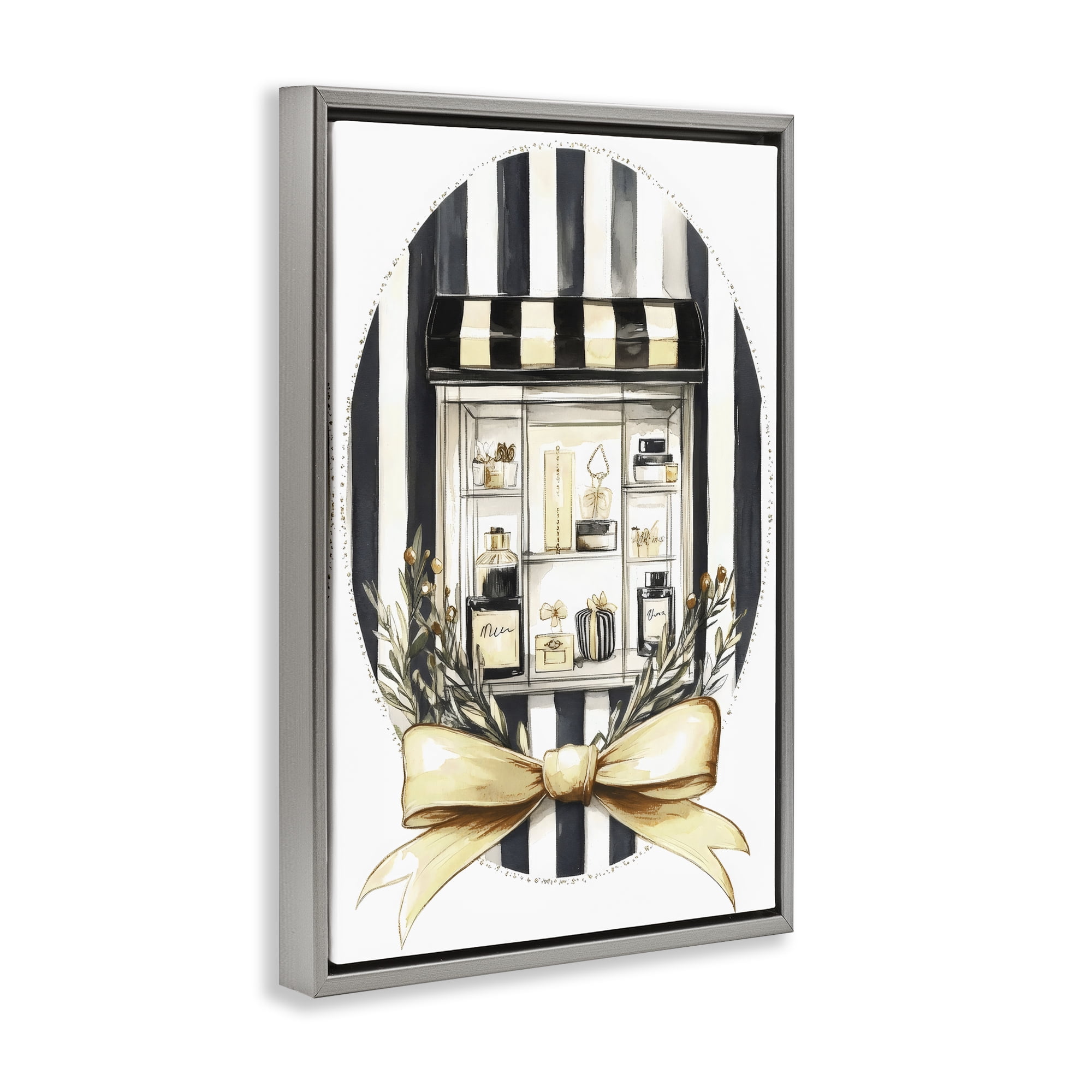 Stupell Industries Maison Perfume Window Display Gray Framed Floater Canvas Wall Art, design by Petal Prints Design