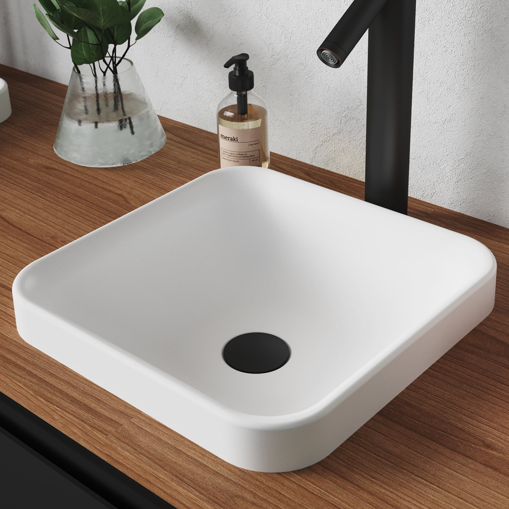 KRAUS Natura Square Semi-Recessed Composite Bathroom Sink with Matte Finish and Nano Coating in White