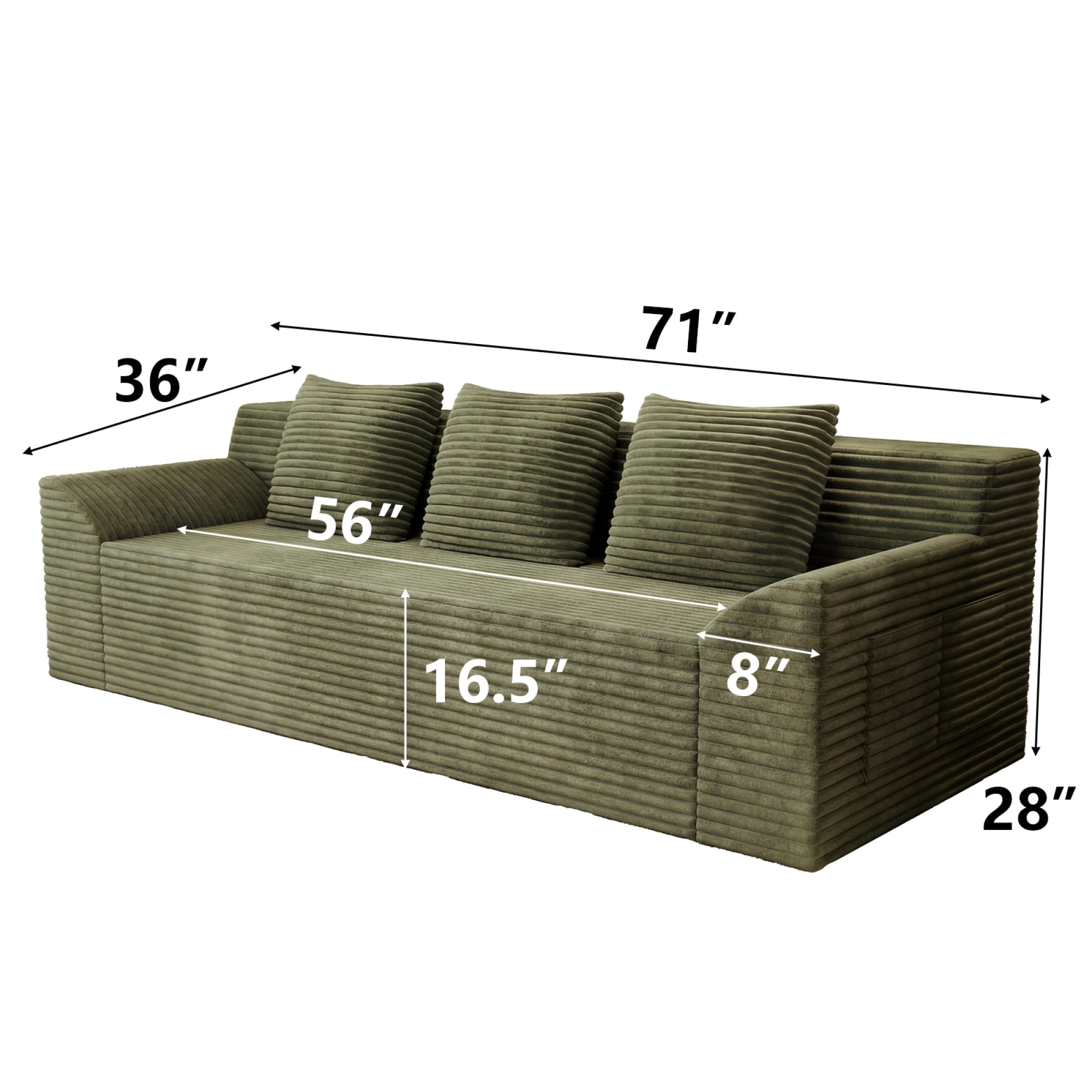 HOQBN 71" Boneless Sofa for Living Room,3 Seater Deep Seat Couch with 3 Pillows,Comfy Corduroy Cloud Couch with Curved Armrests for Bedroom, Office, Apartment, No Assembly,Antique Green
