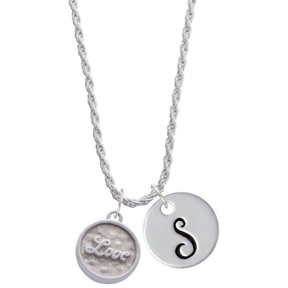 Delight Jewelry Silvertone Love - Round Seal Silvertone Script Initial Disc - S - Charm Necklace, 20"+3"