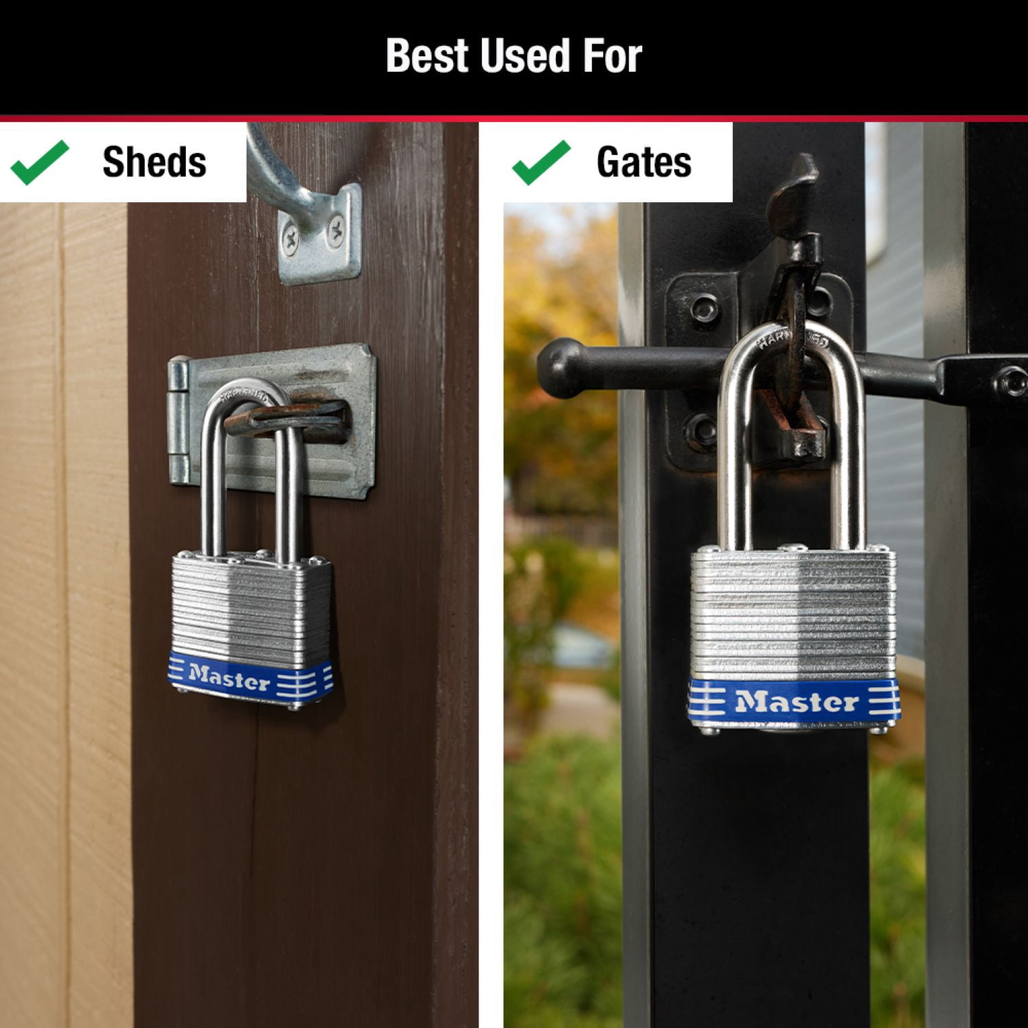 Master Lock 1-9/16in (40mm) Wide Laminated Steel Pin Tumbler Padlock with 1-1/2 (38mm) Shackle; 2-Pack