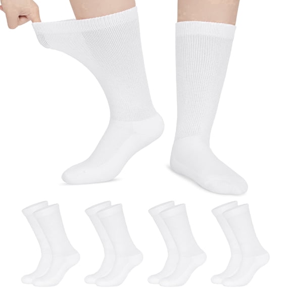 Loritta Diabetic Socks for Women Loose Fit Diabetic-Friendly Womens Crew Socks 4 Pairs Non-Binding Top Women's Socks , White