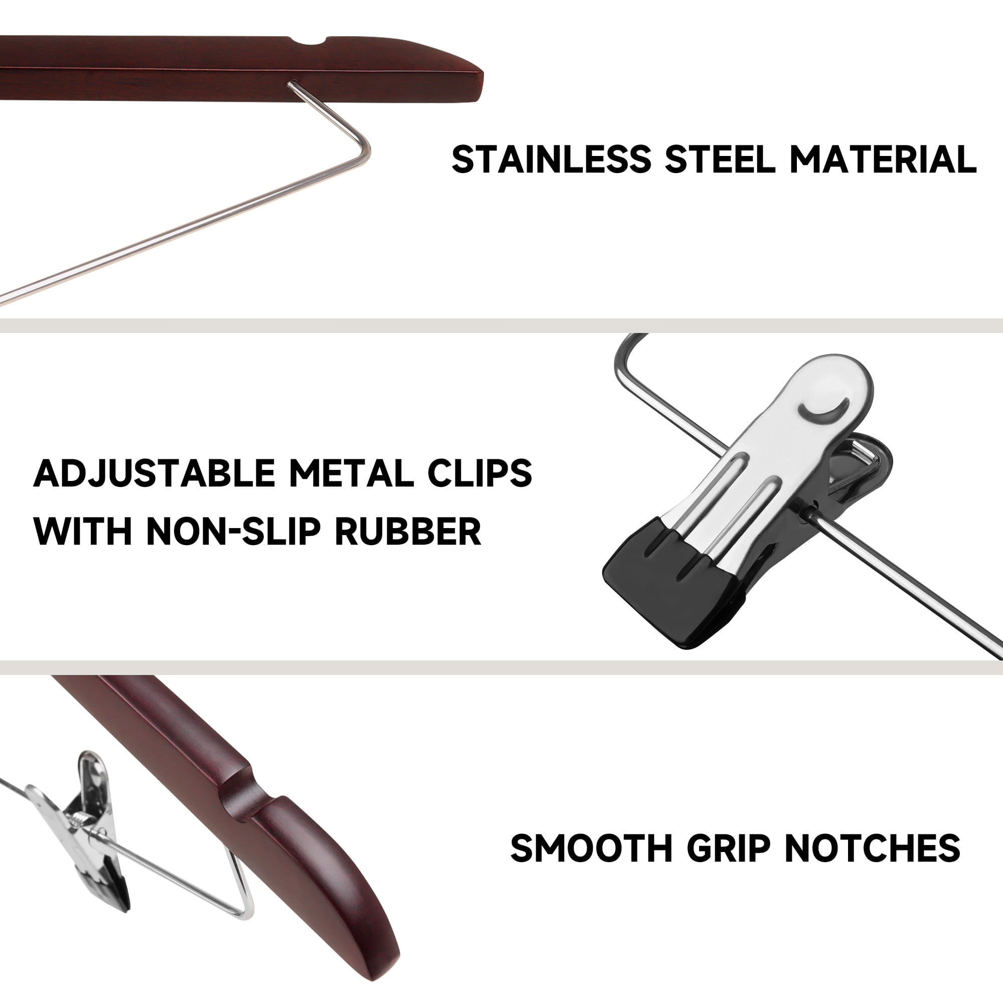 BP4U 12-Pack Wooden Hangers with Adjustable Metal Clips, Solid Wood Suit Hangers for Skirt, Dress, Coats, Jacket and Pants