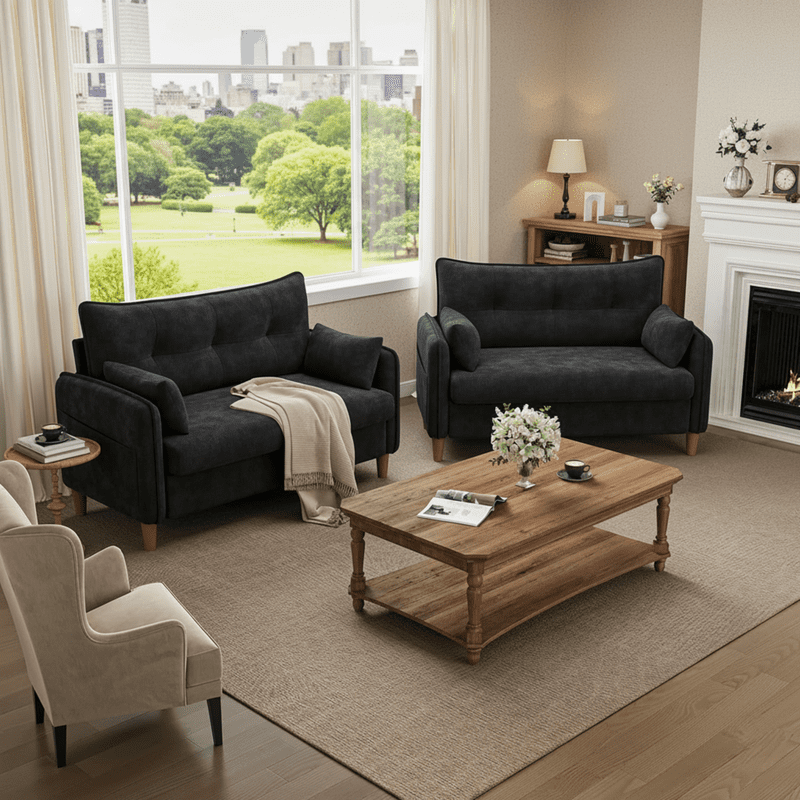 50" Loveseat Couch with Tufted Design | Space-Saving Love Seat Sofa for Small Spaces, Bedroom, and Apartment | Black