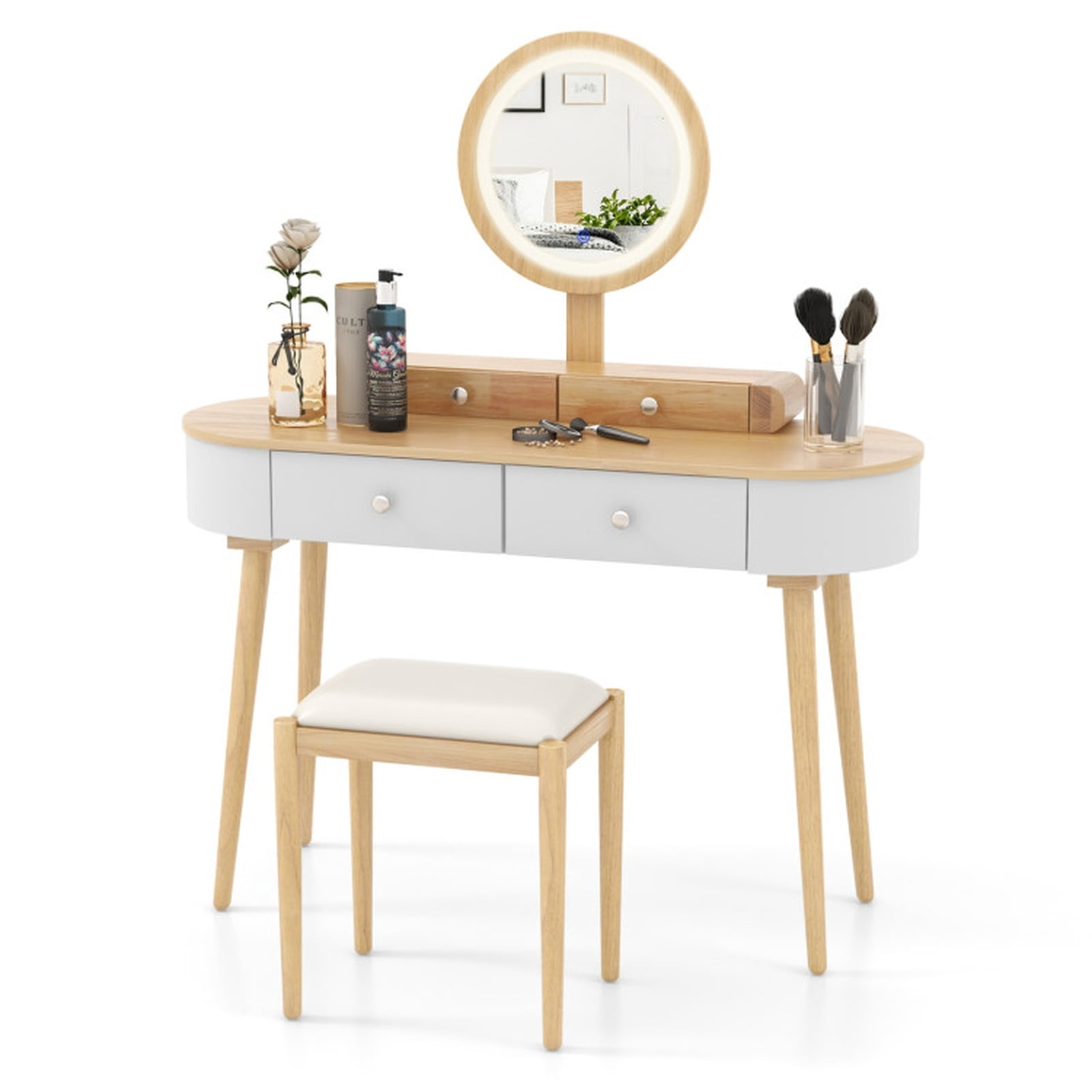 Furnibear Makeup Vanity Table Set with LED Mirror and 3 Spacious Drawers for Bedroom Makeup Dressing Room Vanity Desk Mirror Set, Natural