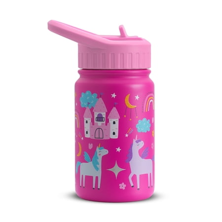 JoyJolt Kids Water Bottle with Straw Lid, 12oz Stainless Steel Reusable Tumbler for Toddlers, Girls, Boys, or Teen, Vacuum Insulated Water Bottle for School, Travel, and Outdoors, Leakproof, Pink