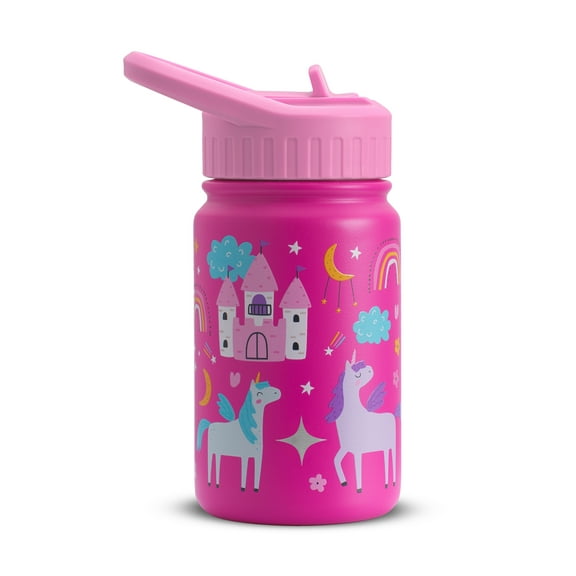 JoyJolt Kids Water Bottle with Straw Lid, 12oz Stainless Steel Reusable Tumbler for Toddlers, Girls, Boys, or Teen, Vacuum Insulated Water Bottle for School, Travel, and Outdoors, Leakproof, Pink