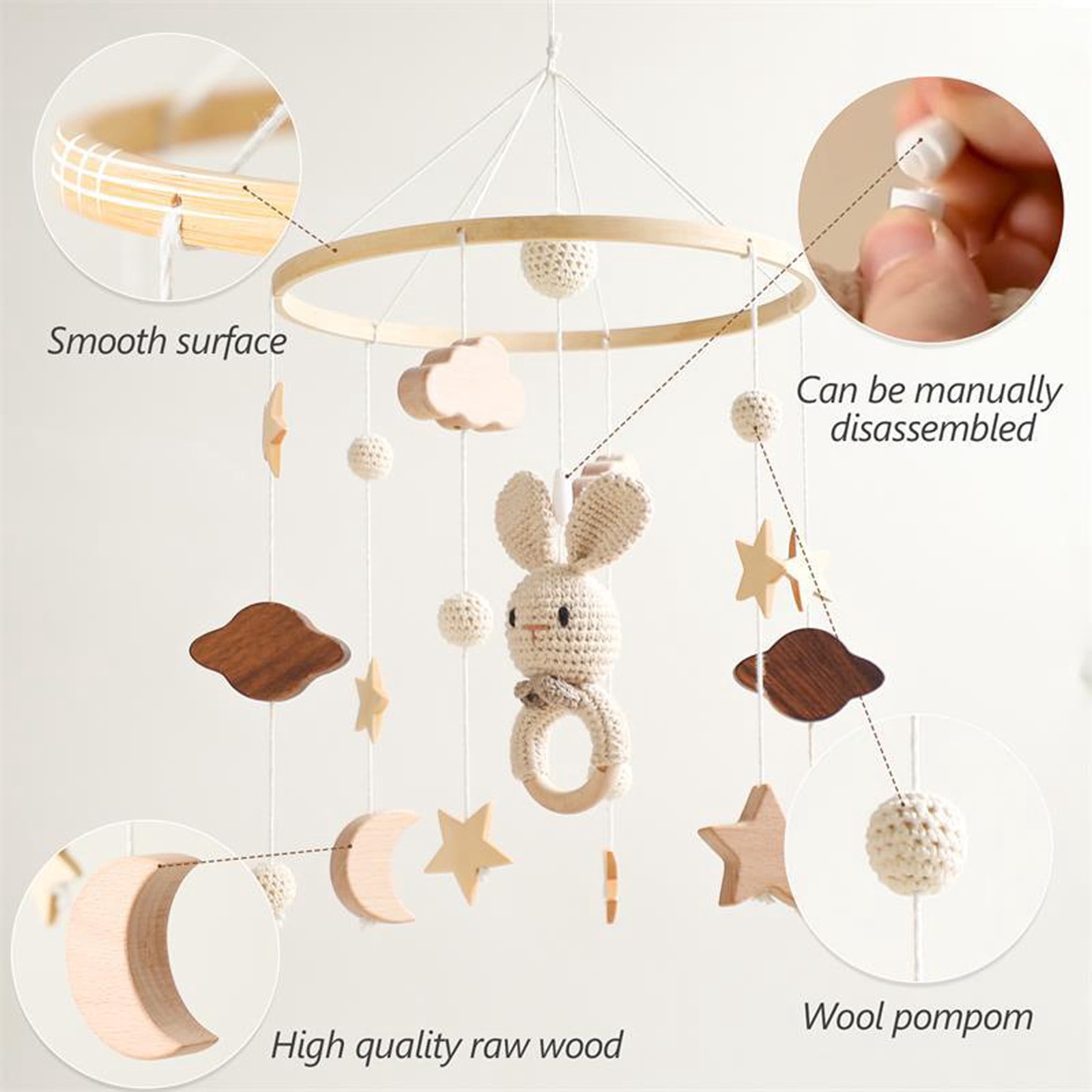 Baby Crib Mobile Wooden Hanging Baby Bed Cute Rabbit Animals Wood Crocheted Mobile Toys for Bedroom Nursery