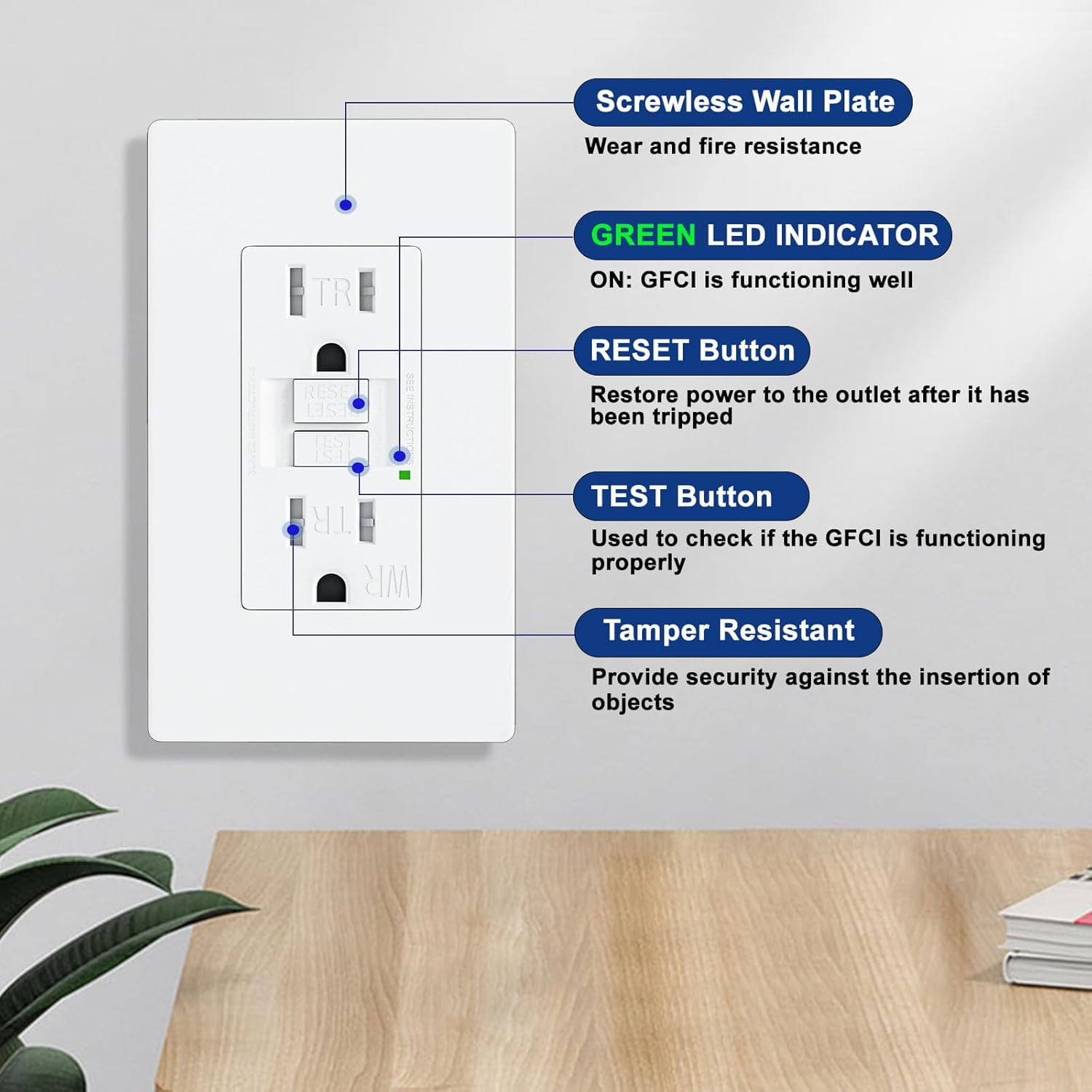 BRILLTECH 15 Amp Self-Test Slim GFCI Outlet Weather Resistant, Tamper-Resistant Receptacle with LED Indicator, Screwless Wallplate Included, UL Listed White (10PACK)