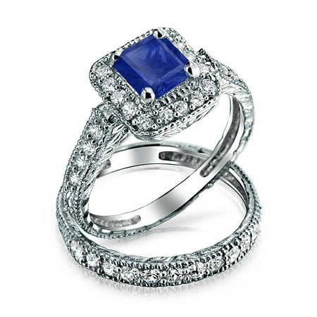 Brilliant Cut Square Ring Square Princess Brilliant Cut Halo AAA CZ Simulated Sapphire Engagement Wedding Ring Set For Women 925 Sterling Silver ()