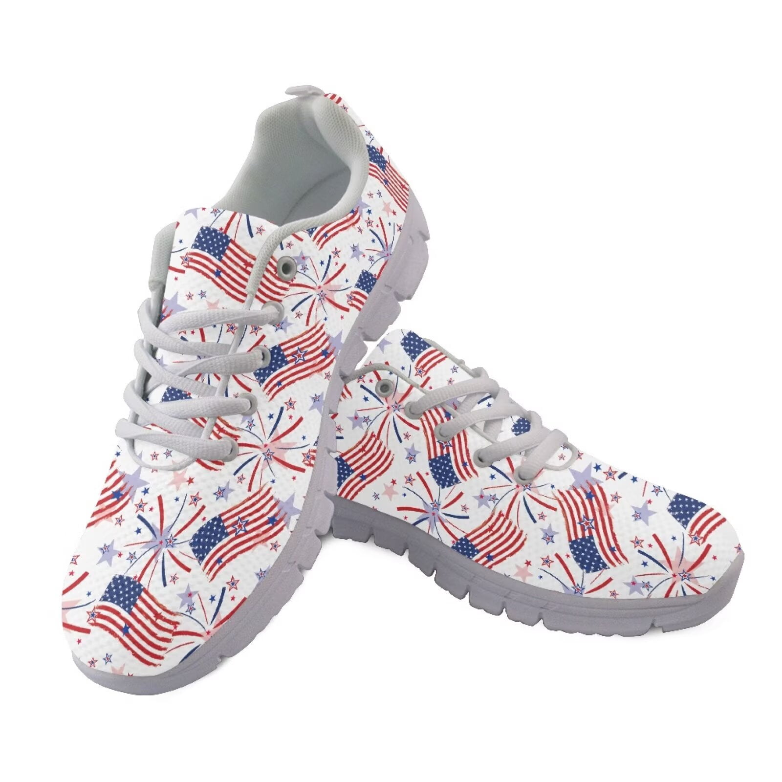 COEQINE Women Running Shoes Lace-up White Sole Girls Sneakers Soft Breathable Mesh Training Athletic Footwear Men Tennis Shoes for July Fourth, American Flag Star Fireworks