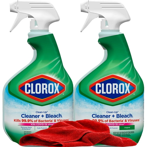 Clorox Clean-Up Cleaner Bleach Spray, 2 Pack, All Purpose Bleach Spray Trigger, Disinfects Kitchen,Bathroom,Tiles,Original Scent, Mold & Mildew Cleaner, 32 oz. Each plus red Microfiber Cleaning Cloth
