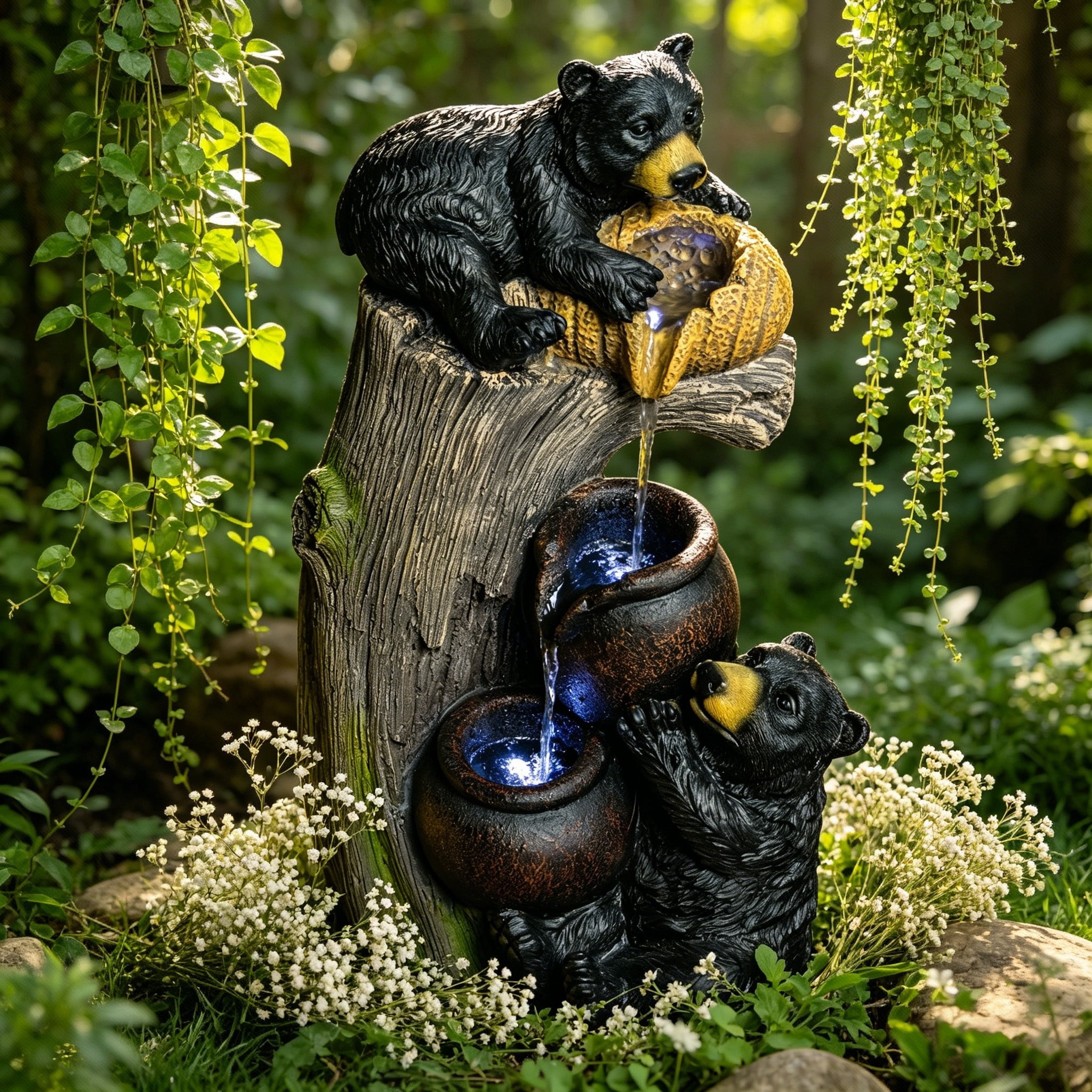Animal Decor Water Fountain, Bear Shape LED Cascading Water Ornament for Patio Balcony Garden, Brown Grey