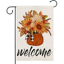 Welcome Fall Pumpkin Garden Flag 12.5x18 Inch Small Double Sided Burlap Flags For Outside Buffalo Check Plaid Outdoor Seasonal Decor For Yard