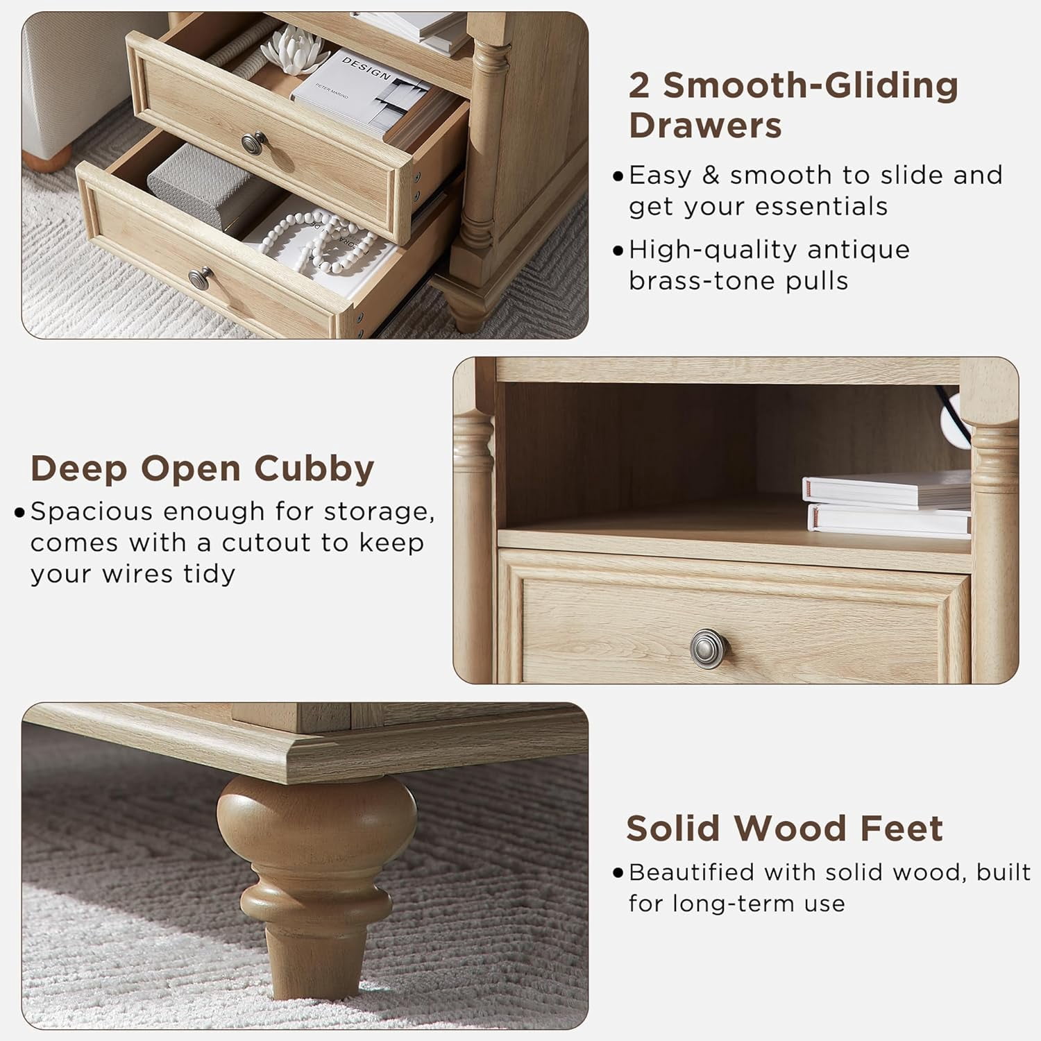 OKD Wood Nightstand with Charging Station for Bedroom, Farmhouse End Side Table with 2 Drawers for Living Room, Natural Oak