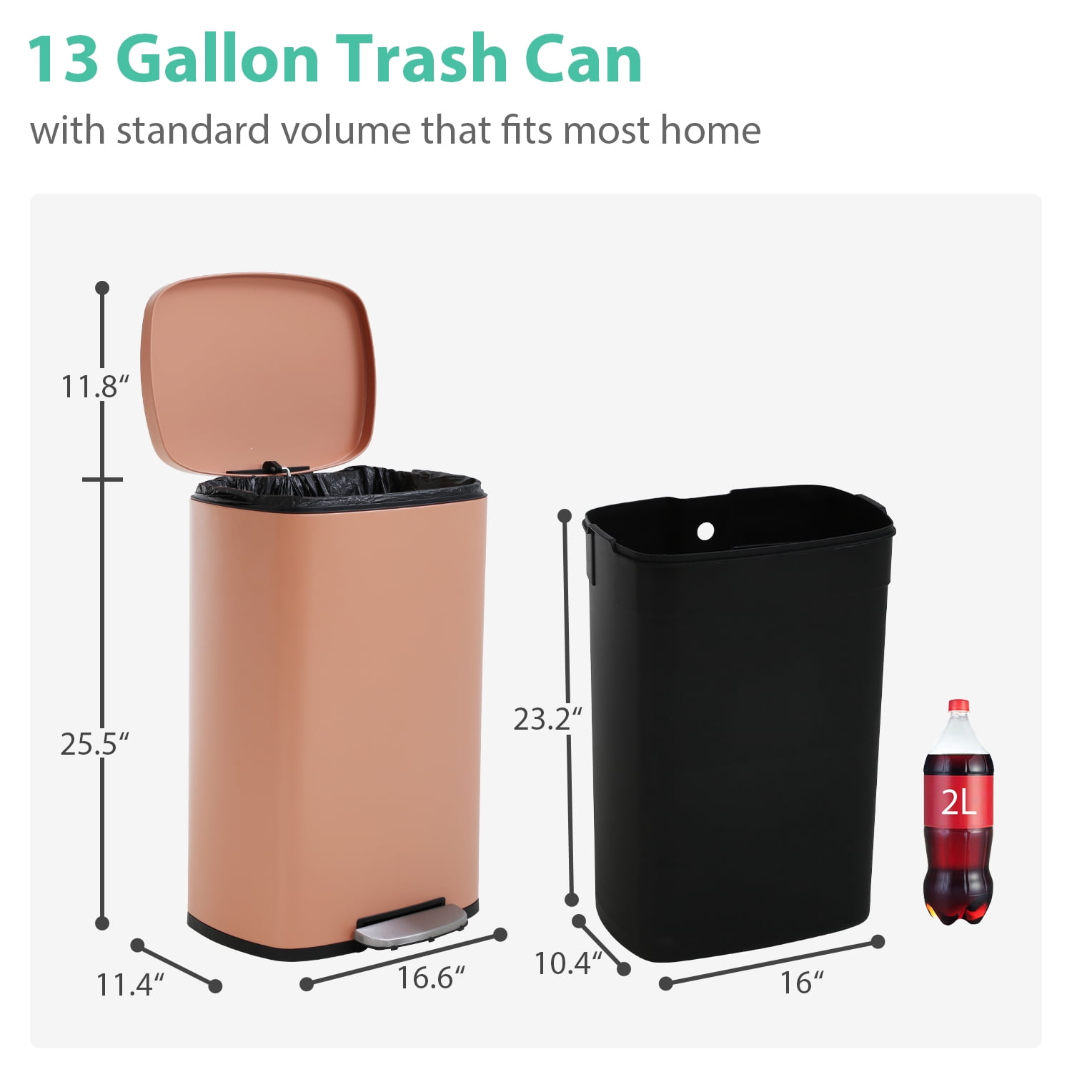 CL.HPAHKL 13 Gallon Step-on Trash Can with Soft-Close Lid, Stainless Steel Kitchen Garbage Can with Foot Pedal and Removable Inner Bucket, Fingerprint-Proof Trash bins for Home Office, Pink