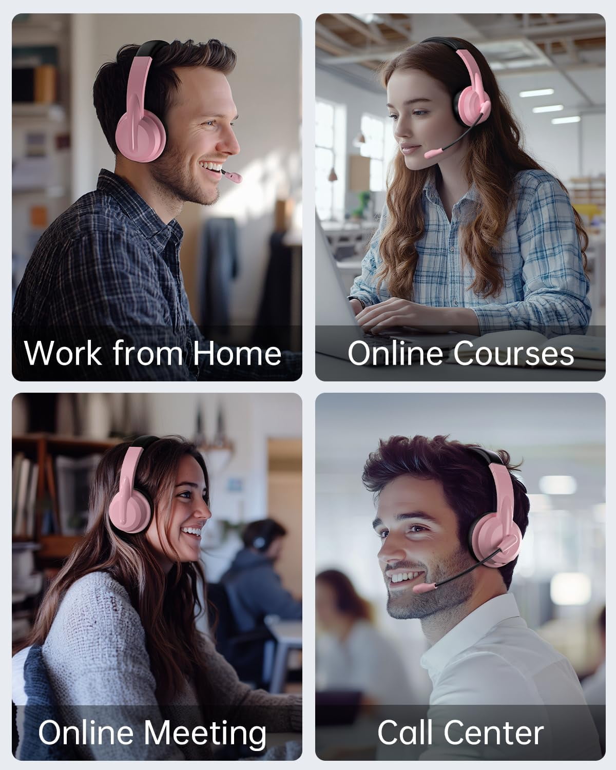 Froura 2.4GHz Wireless Headset with Microphone for Work with AI Noise Cancelling & Mic Mute, Bluetooth V5.3 Headphones with Microphone for Computer, Mac, Laptop, Phone, Zoom, Call Center - Pink