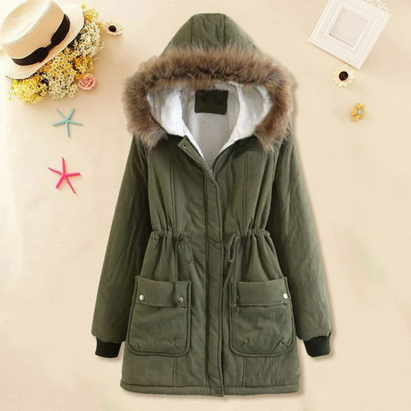 Hamky Zip Up Hoodie Coats for Women Women Plush Collar Coat Winter Drawstring Pockets Long Sleeve Hooded Outdoor Wind Warm Slim Jacket Coat Jackets for Women Womens Tops Army Green L