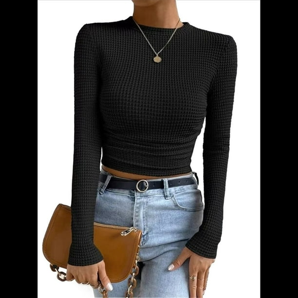 Tops de Punto Gofre para Mujer, Camisas de Larga, Camisetas Informales Ajustadas con Cuello Redondo, Jerséis Negro S
