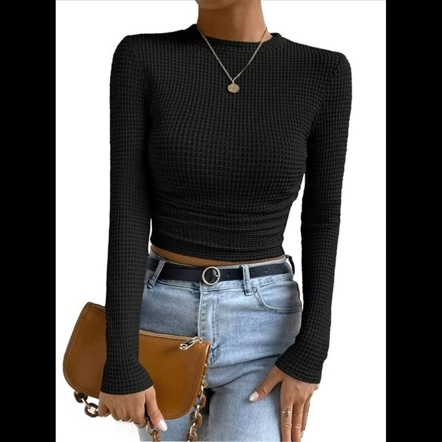 Tops de Punto Gofre para Mujer, Camisas de Larga, Camisetas Informales Ajustadas con Cuello Redondo, Jerséis Negro L
