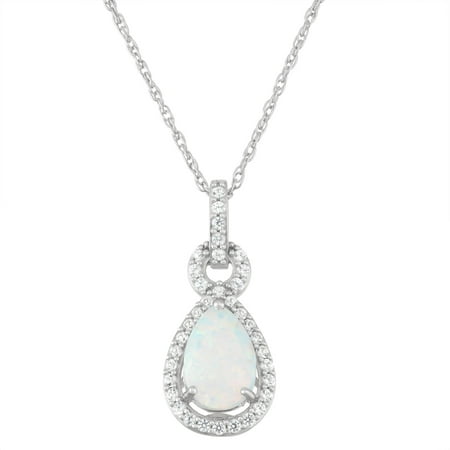 Pear-Shaped Created Opal with Created White Sapphire Sterling Silver Frame Pendant, 18