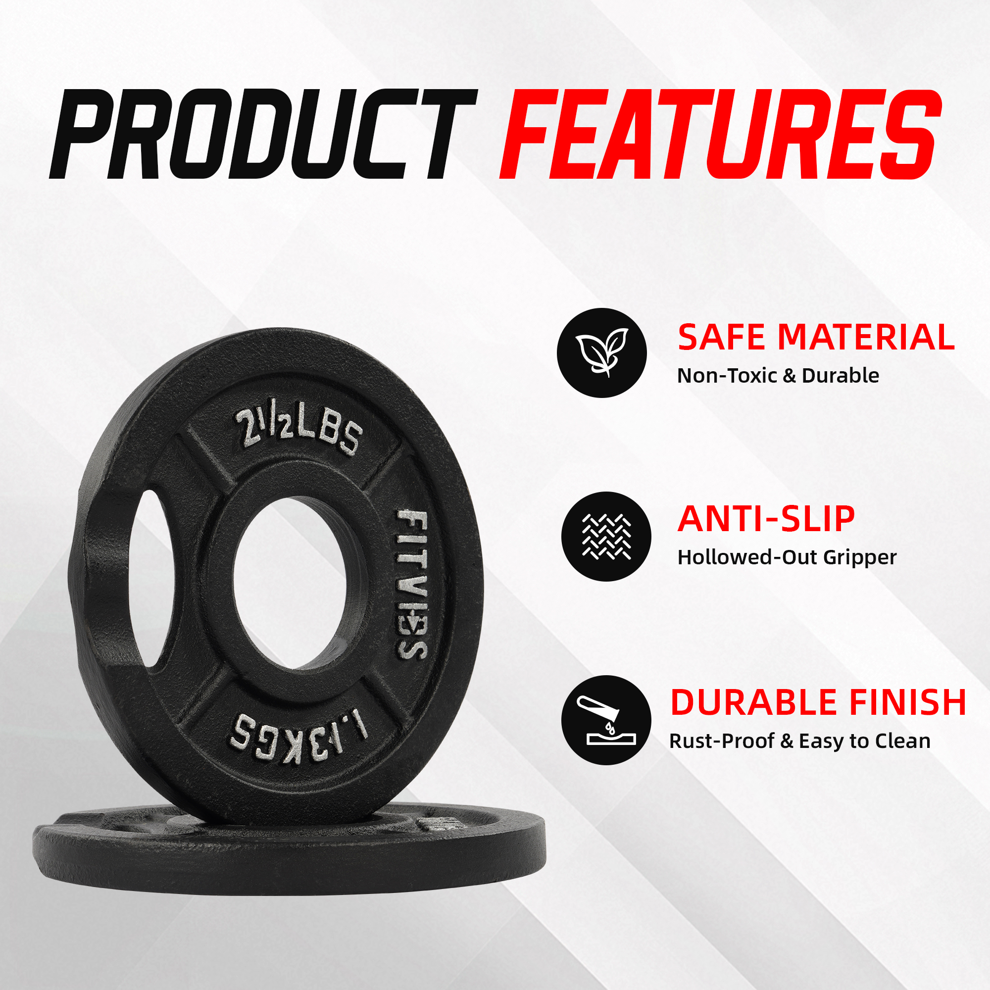 Signature Fitness 2-Grip Olympic Cast Iron Weight Plates, 2-Inch Hole, 2.5LB–45LB, Black with Silver Lettering
