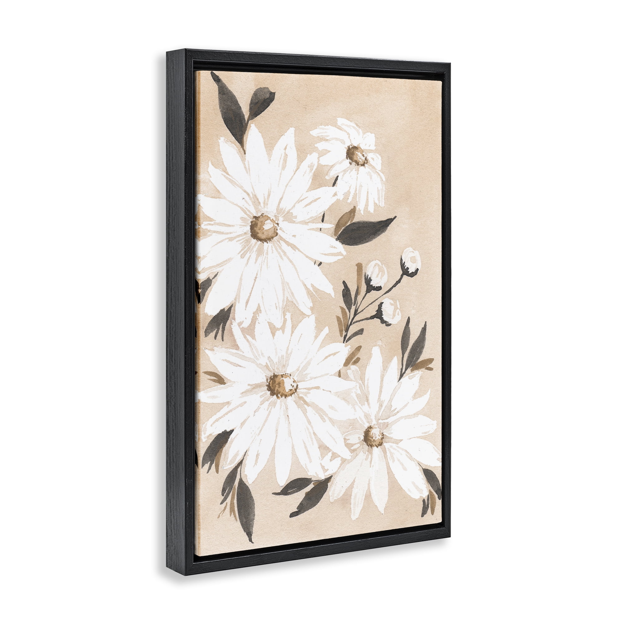 Stupell Industries Muted Neutral Daisies Botanical & Floral Painting Black Floater Framed Art Print Wall Art, 21 x 31