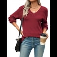 thumbnail image 2 of Suéter Informal de Larga con Cuello en V, Tejido Acanalado y Crochet Ligero para Mujer (Otoño 2025) Vino Tinto M, 2 of 7