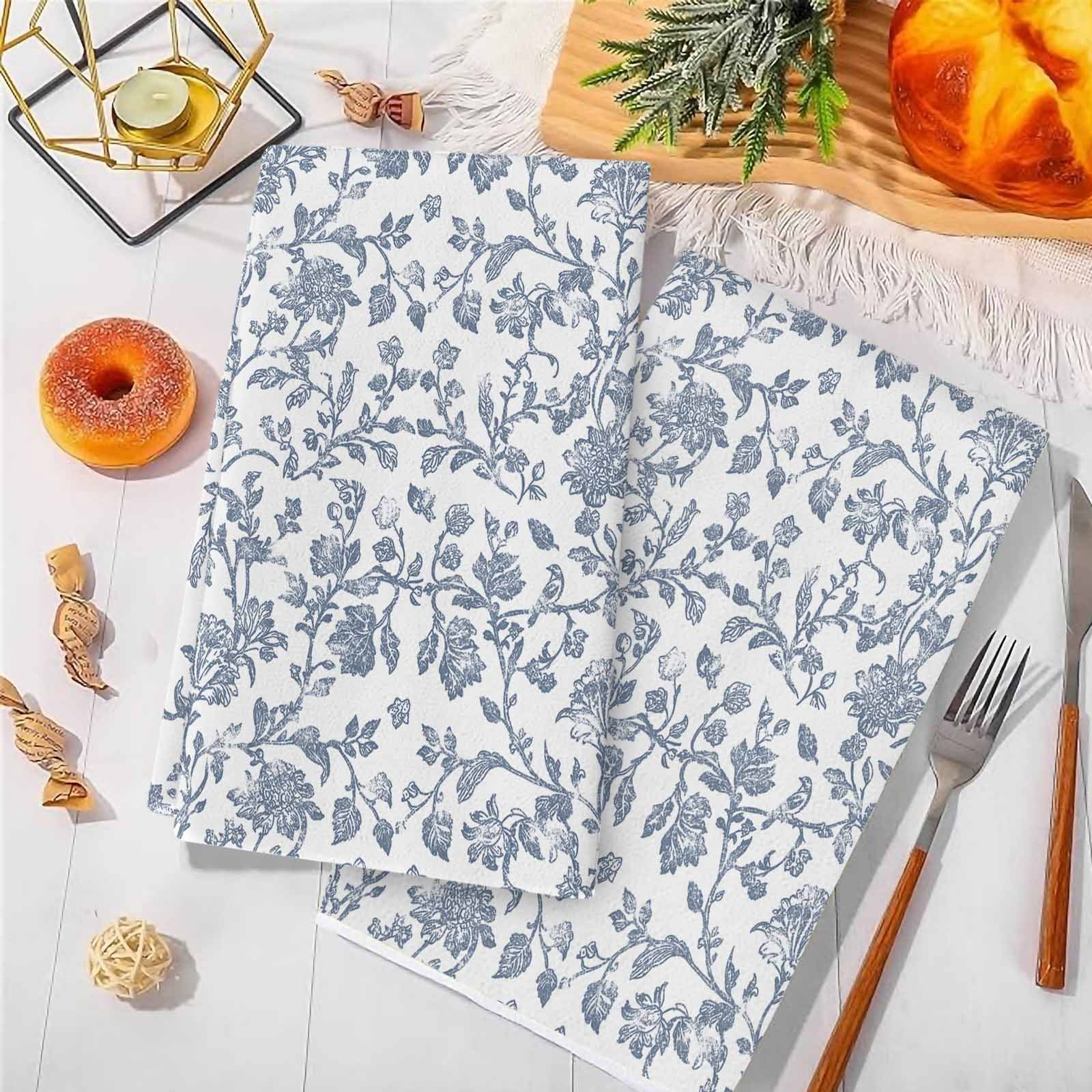 Blue Flower Kitchen Towels Set of 2, Vintage Farmhouse Boho Leaf Spring Summer Soft Microfiber Dish Towels, Absorbent Quick-Dry Washable Dishcloths for Kitchen Cleaning, Drying Dishes, 18x28 Inches