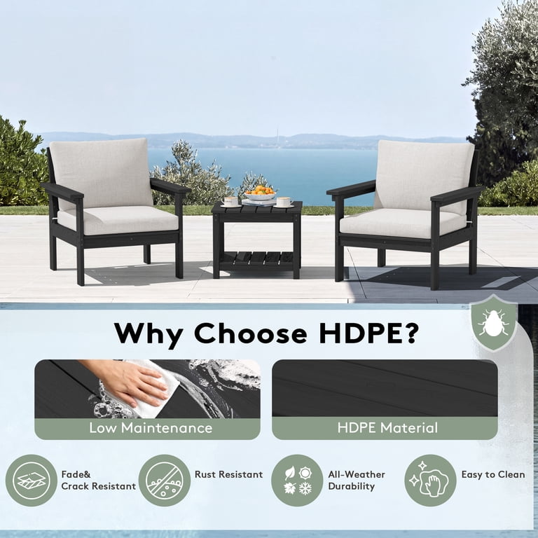 Serwall 3-Piece HDPE Patio Conversation Set, Black photo 3