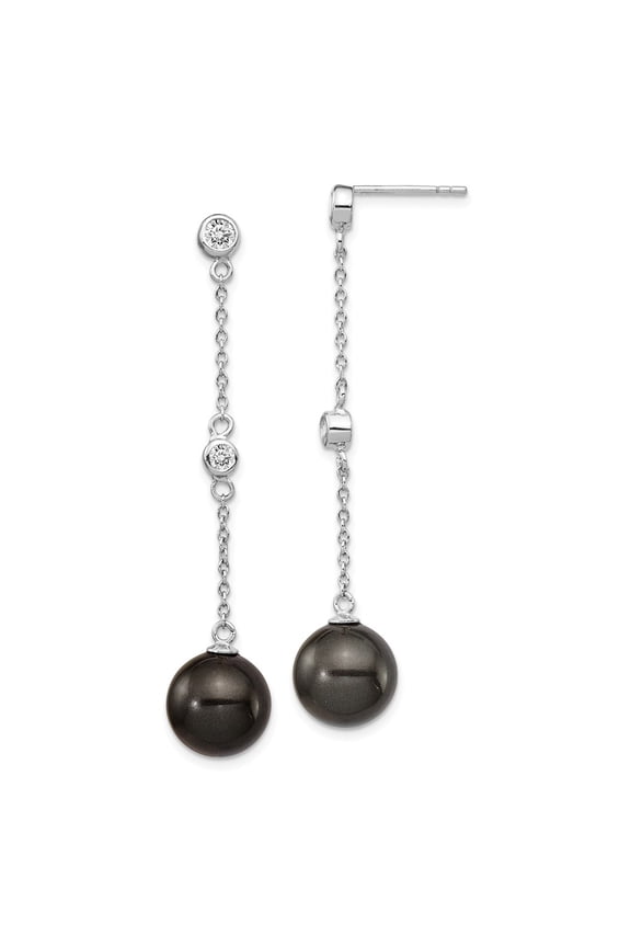 White Sterling Silver Earring Drop & Dangle Women'S Shell Bead Pearls Round Black Cubic Zirconia CZ 52 mm 10