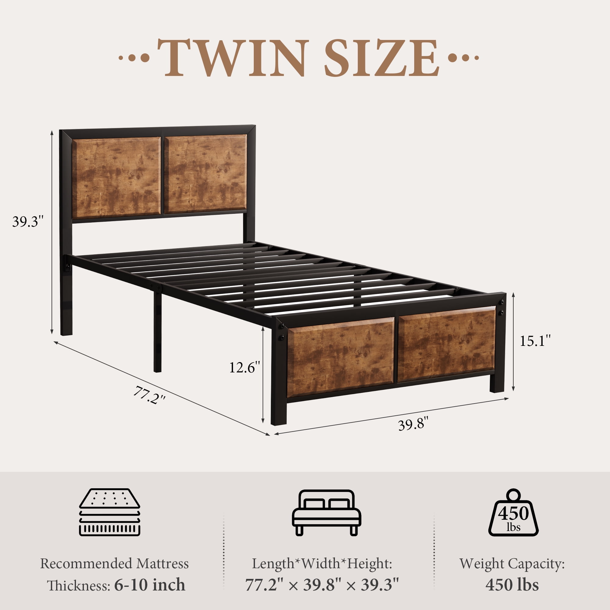VECELO Metal Platform Bed Frame, Wooden Headboard and Footboard, Black & Wood Grain, Twin Size