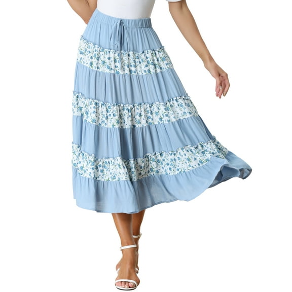 INSPIRE CHIC Women's Elastic Waist Floral Printed Casual Long Skirt Midi Tiered Skirt Grey-Blue XS