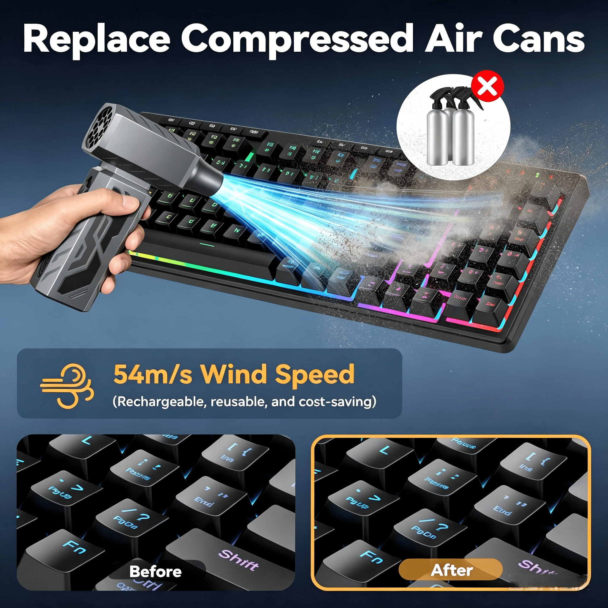 UPoetry-Cordless Air Duster - 130,000RPM Rechargeable Blower with Brushless Motor & Type-C Fast Charging for PC, Keyboard &t Home