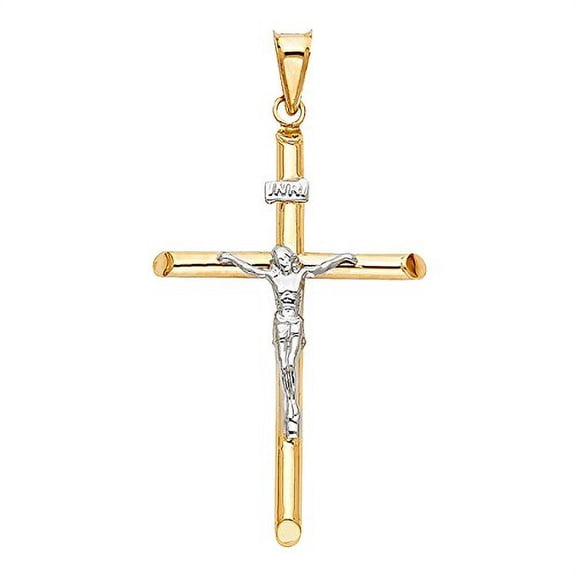 14K Two Tone Gold Crucifix Cross Charm Pendant - Jesus Engraved Cross Pendant - Features Polished Finish - Spiritual Symbol for Christianity - Great Gift for Men & Women, 1.7 Grams, 50 x 25 mm