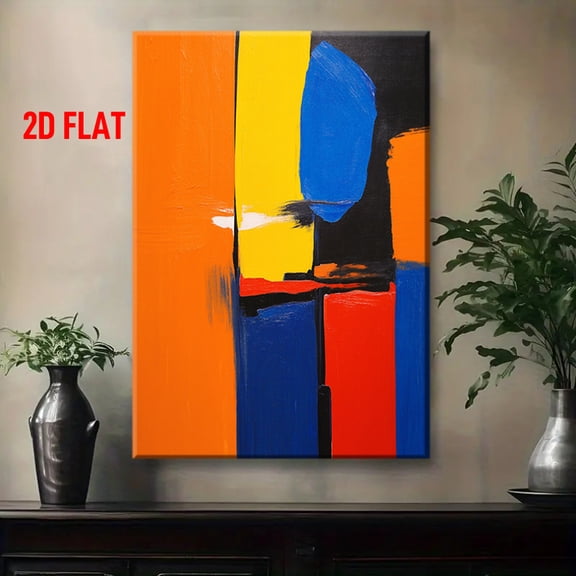 Bold Orange Yellow Blue Red Abstract Wall Art Painting - Modern Wrapped Canvas Framed Multicolor Geometric Shapes, Vibrant Contemporary Wall Decor for Living Room