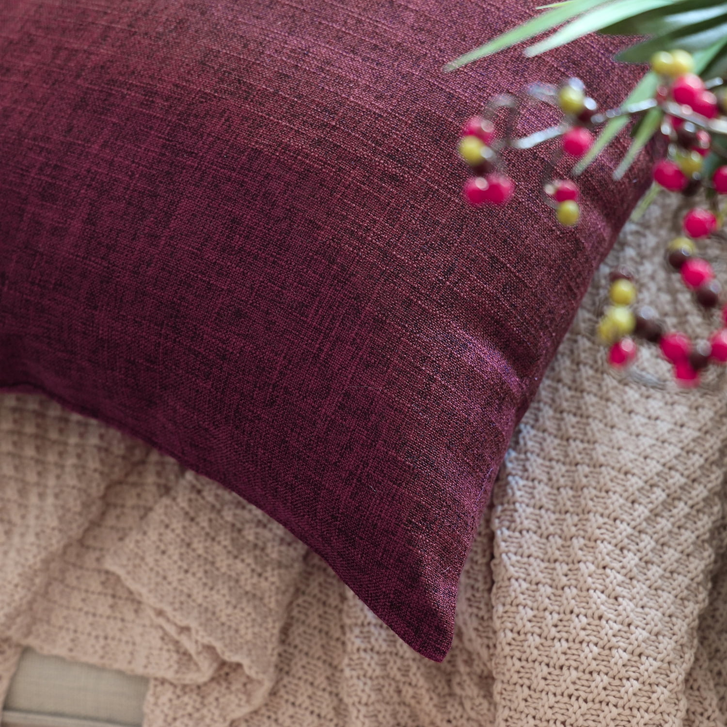 Phantoscope Linen-Look Decorative Throw Pillows with Inserts, 12 x 20 in, Dark Purple, 2 Pack
