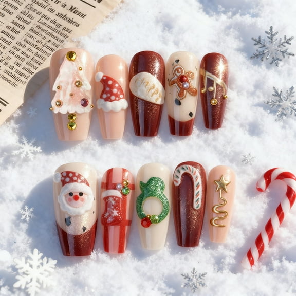Christmas Press on Nails, 30PCS Medium Stiletto Fake Nails, Premium 3D Hand-Painted Christmas Trees & Wreaths, Hand-Applied Rhinestones, Reusable DIY Nail Art Kit for Holiday Manicure