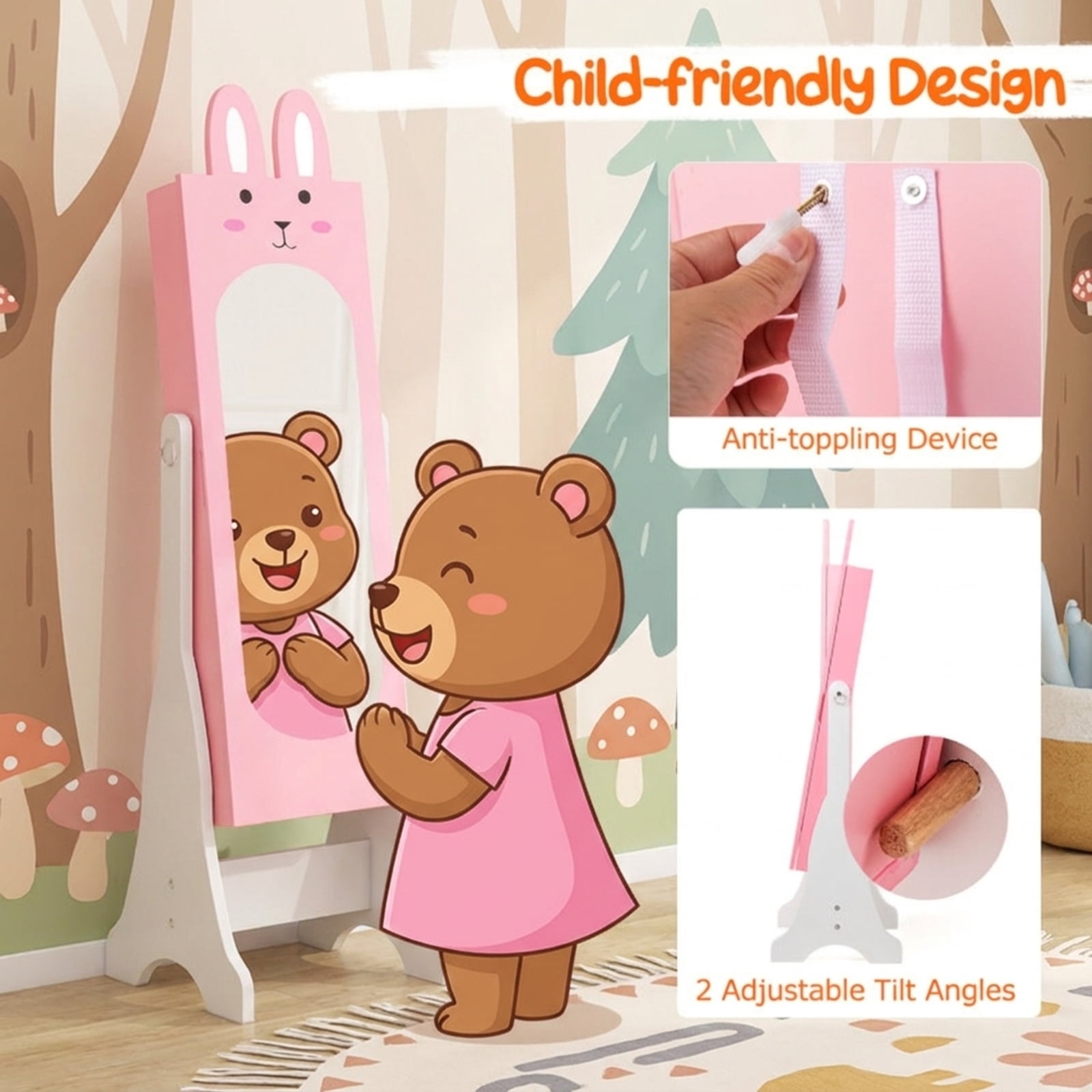 Furnibear Kids Room Furniture Set with Princess Vanity Table and Chair and Jewelry Armoire Mirror for Girls Bedroom, Pink